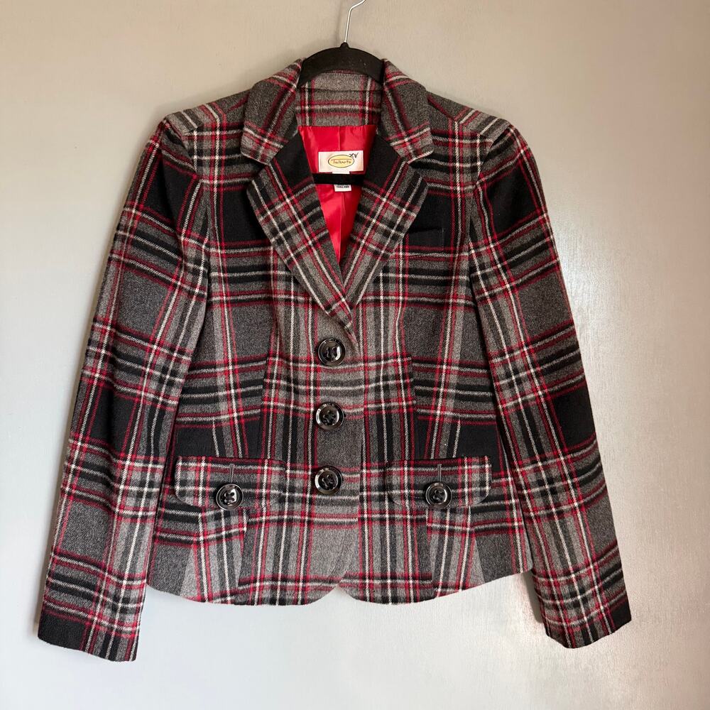 Vintage TALBOTS Women's 4 Black Red Plaid Wool Blend Blazer Classic Preppy NWOT